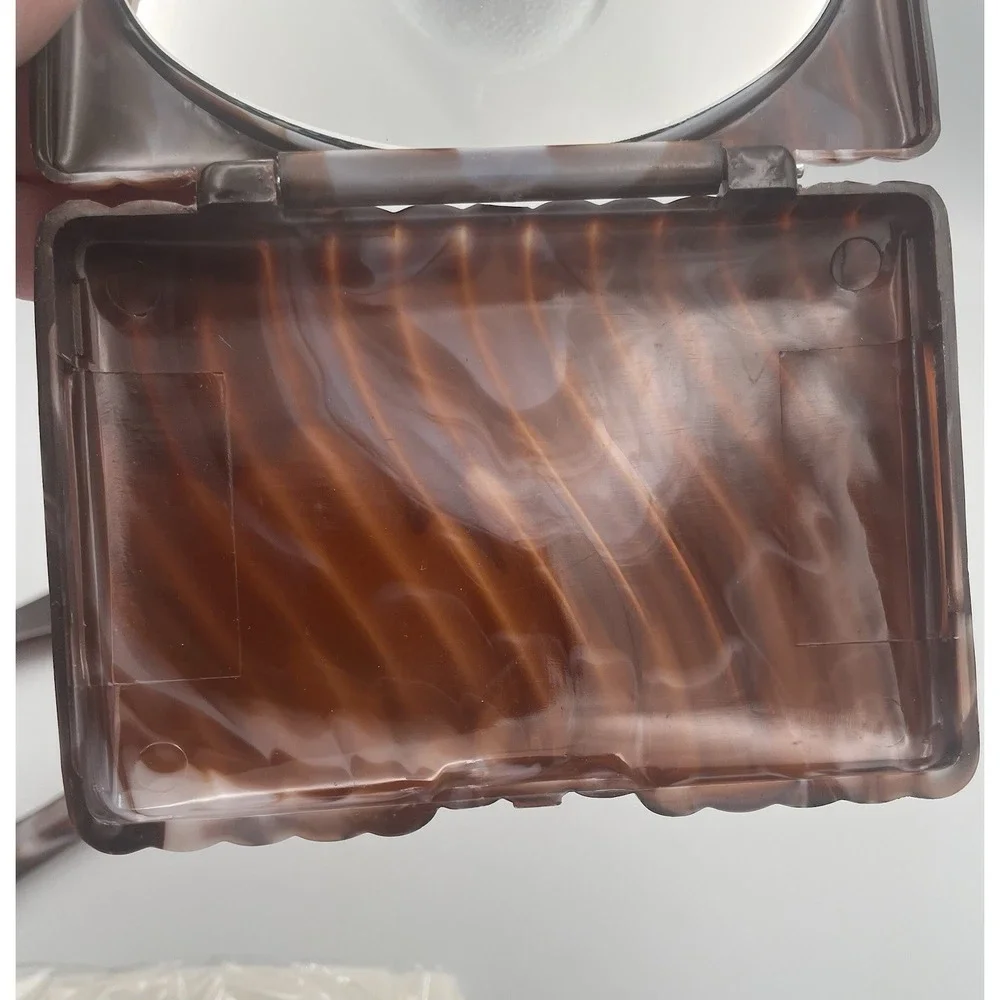 Vtg. Compact Mirror W/ Tissue Clamshell Travel Case Tortoise Shell 1980's Retro